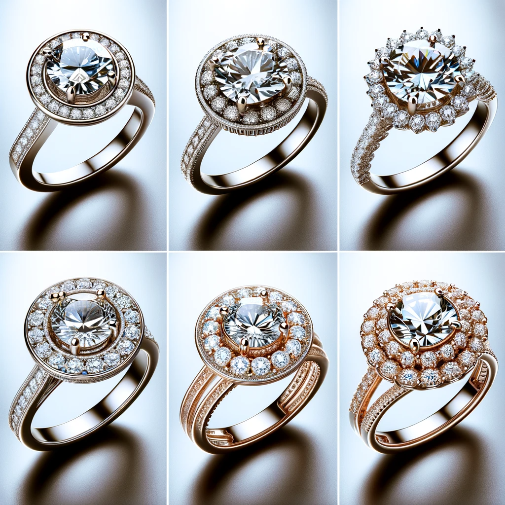 popular diamond ring settings, including solitaire, halo, pavé, bezel, and three-stone settings